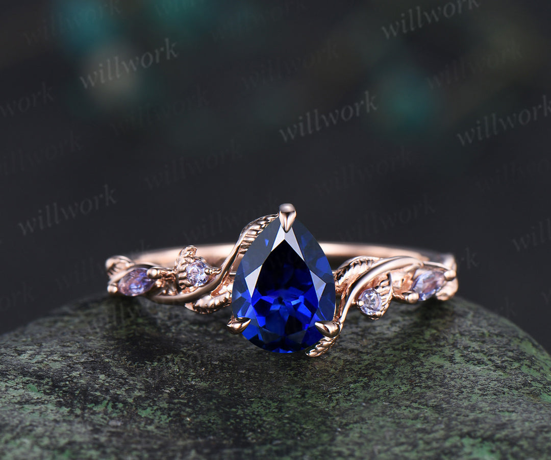 Retro pear cut sapphire ring set nature inspired leaf vine tanzanite ring curved pearl band unique brial set promise rings
