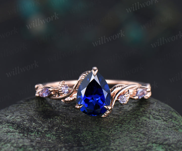 Retro pear cut sapphire ring set nature inspired leaf vine tanzanite ring curved pearl band unique brial set promise rings