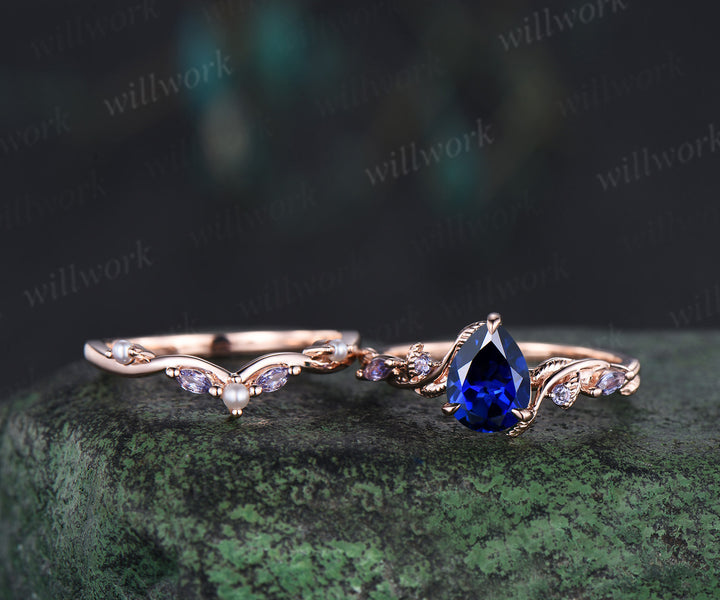 Retro pear cut sapphire ring set nature inspired leaf vine tanzanite ring curved pearl band unique brial set promise rings