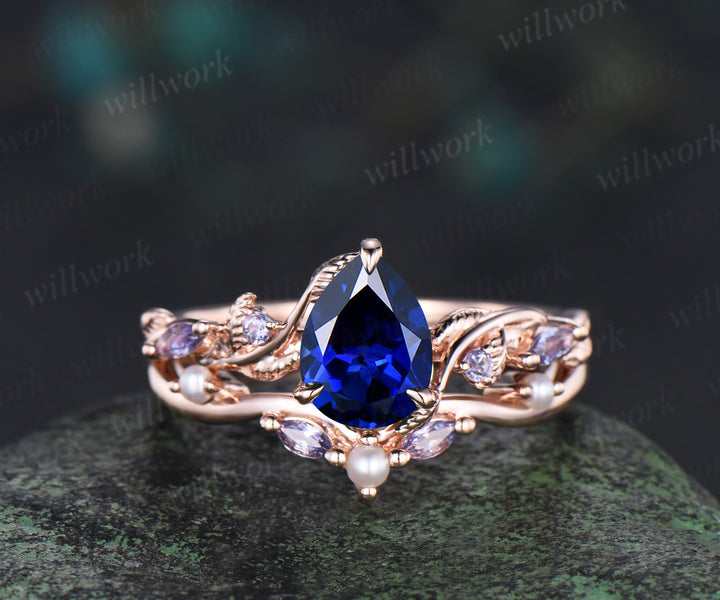Retro pear cut sapphire ring set nature inspired leaf vine tanzanite ring curved pearl band unique brial set promise rings