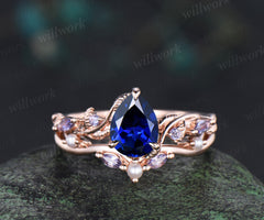 Retro pear cut sapphire ring set nature inspired leaf vine tanzanite ring curved pearl band unique brial set promise rings