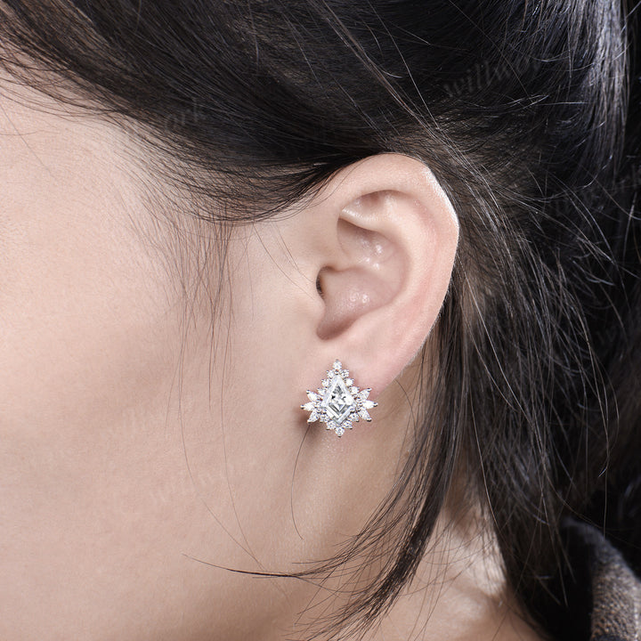 Asymmetry kite cut moissanite drop earrings unique moissanite halo stud earring 14k white gold piercing jewelry for women