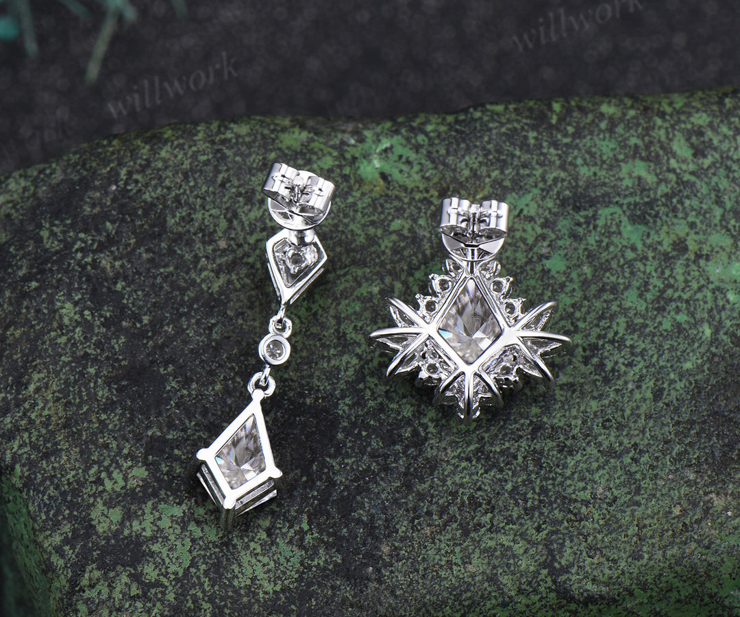 Asymmetry kite cut moissanite drop earrings unique moissanite halo stud earring 14k white gold piercing jewelry for women