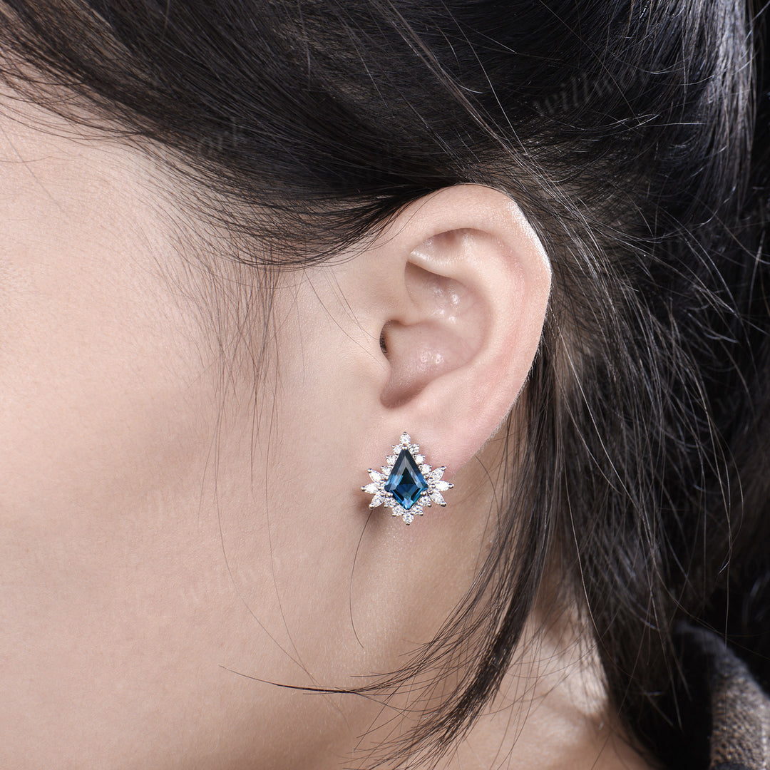 Kite London blue topaz earrings halo blue gemstone drop earrings topaz studs personalized solid white gold piercing jewelry