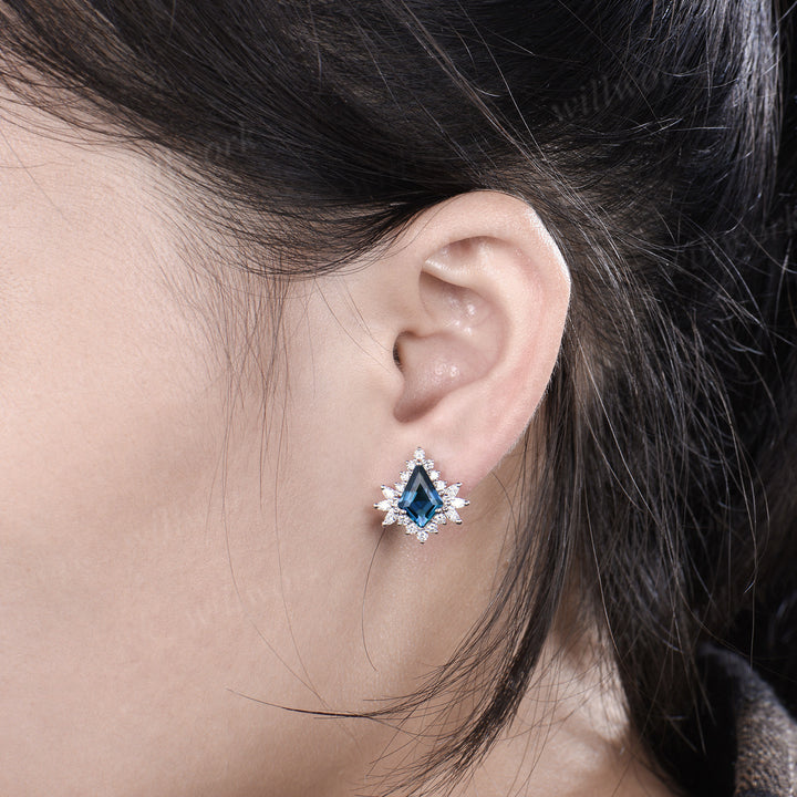 Kite London blue topaz earrings halo blue gemstone drop earrings topaz studs personalized solid white gold piercing jewelry