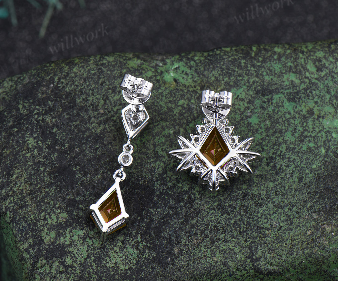 Unique kite citrine moissanite halo earrings yellow gemstone asymmetrical drop earrings studs November bithstone jewelry gifts