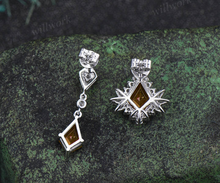 Unique kite citrine moissanite halo earrings yellow gemstone asymmetrical drop earrings studs November bithstone jewelry gifts