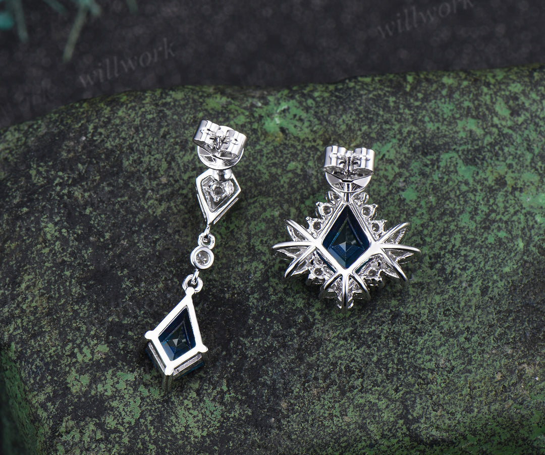 Kite London blue topaz earrings halo blue gemstone drop earrings topaz studs personalized solid white gold piercing jewelry