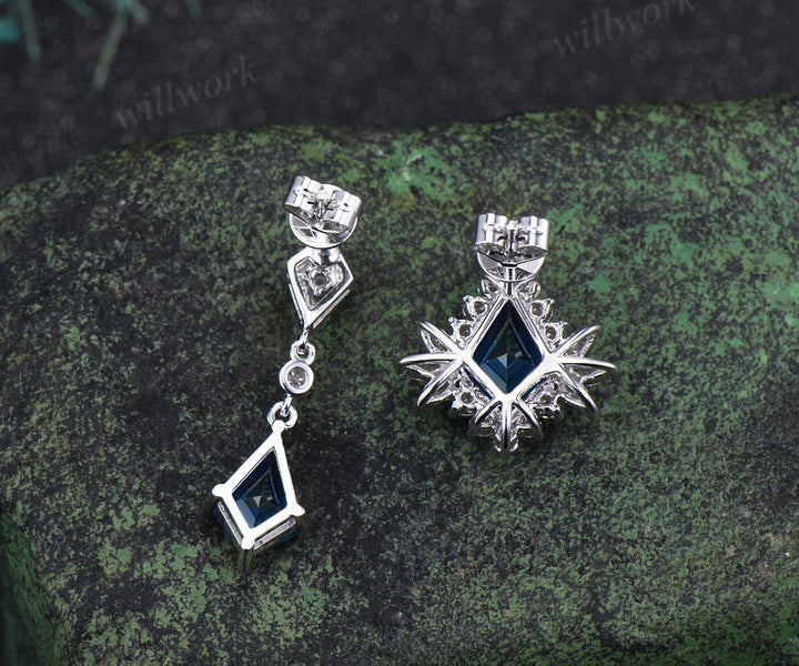 Kite London blue topaz earrings halo blue gemstone drop earrings topaz studs personalized solid white gold piercing jewelry