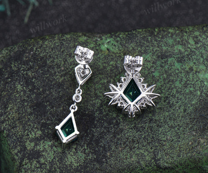 Kite cut emerald drop earrings unique moissanite halo stud white gold green gemstone jewelry for women