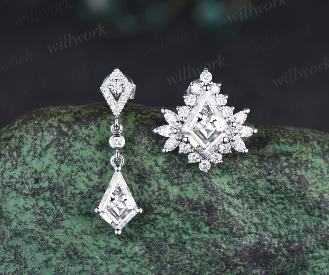 Asymmetry kite cut moissanite drop earrings unique moissanite halo stud earring 14k white gold piercing jewelry for women