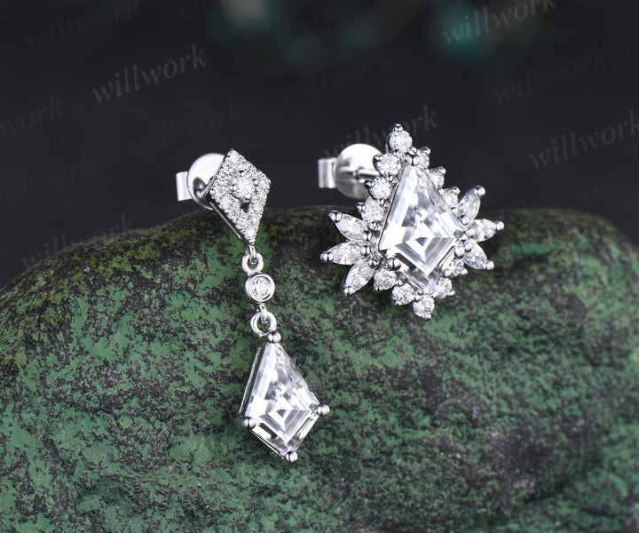 Asymmetry kite cut moissanite drop earrings unique moissanite halo stud earring 14k white gold piercing jewelry for women
