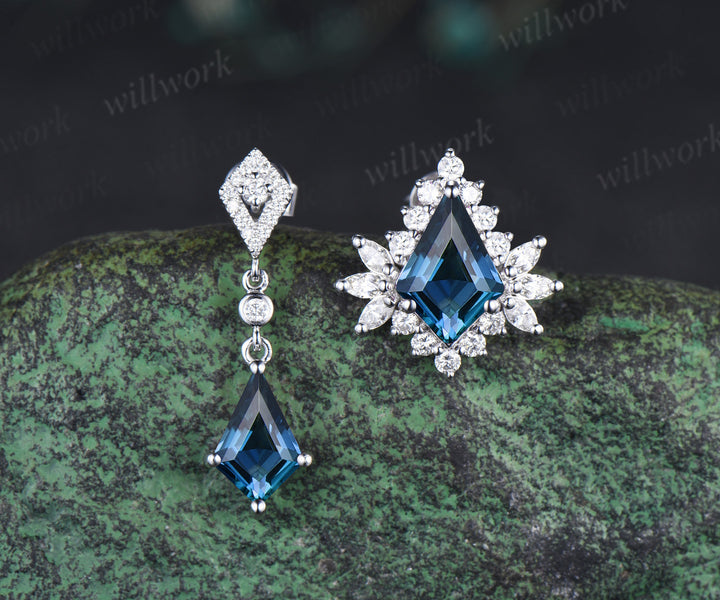 Kite London blue topaz earrings halo blue gemstone drop earrings topaz studs personalized solid white gold piercing jewelry