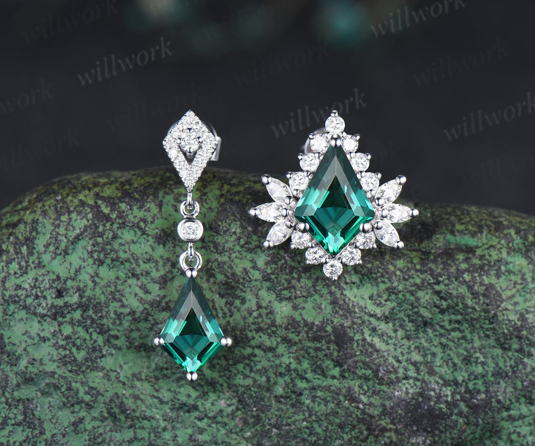 Kite cut emerald drop earrings unique moissanite halo stud white gold green gemstone jewelry for women