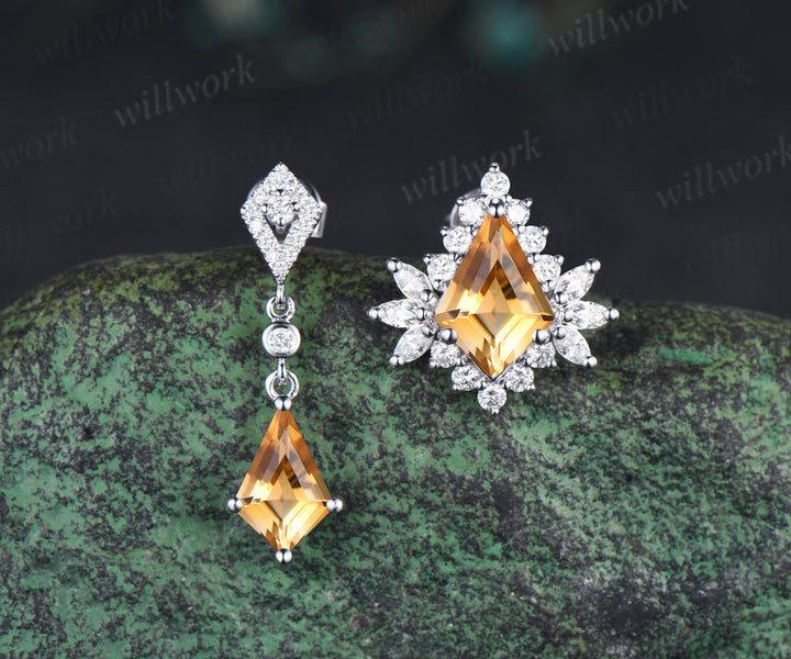 Unique kite citrine moissanite halo earrings yellow gemstone asymmetrical drop earrings studs November bithstone jewelry gifts