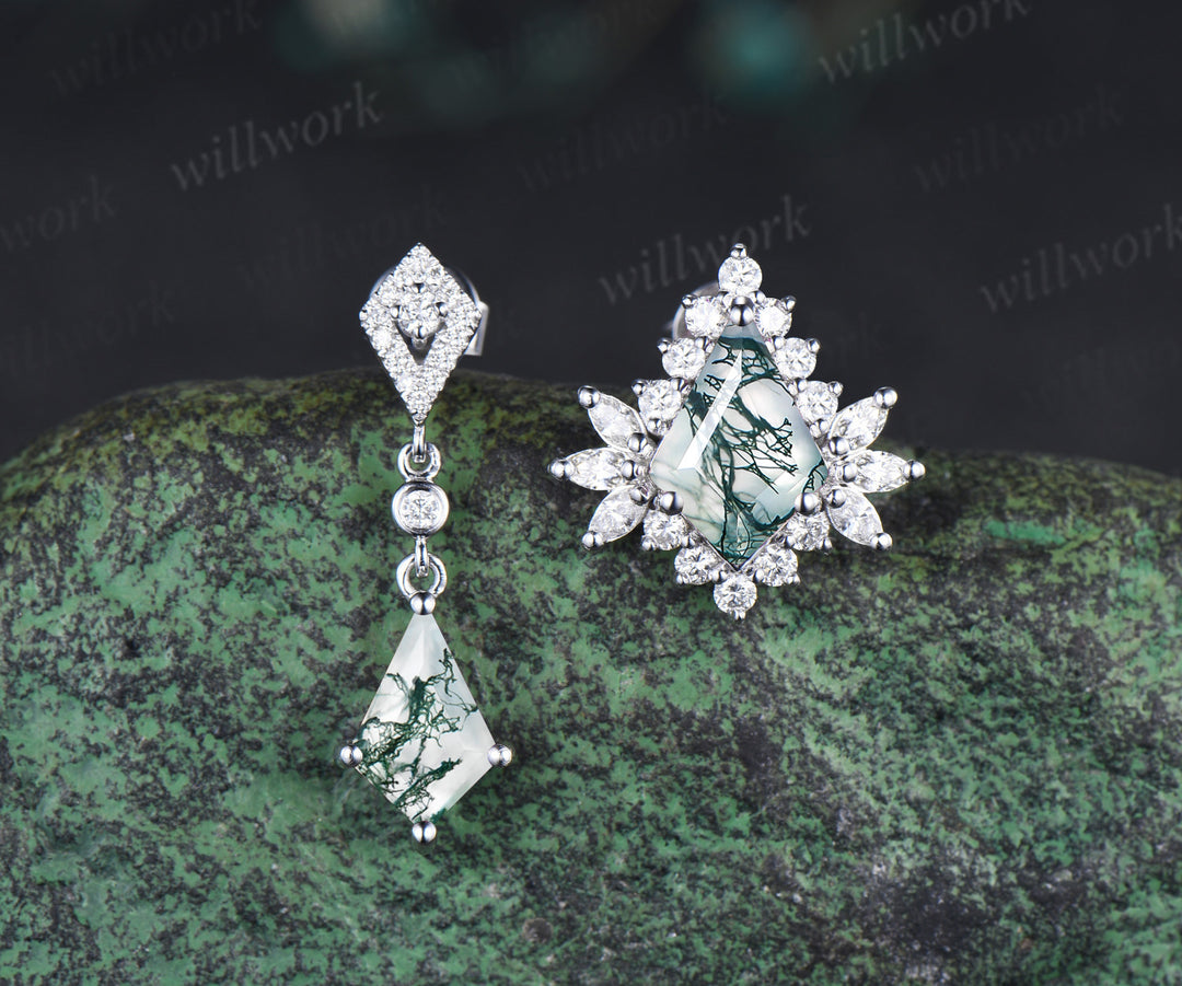 Asymmetrical kite cut moss agate earrings unique drop & halo studs solid white gold green jewelry for women