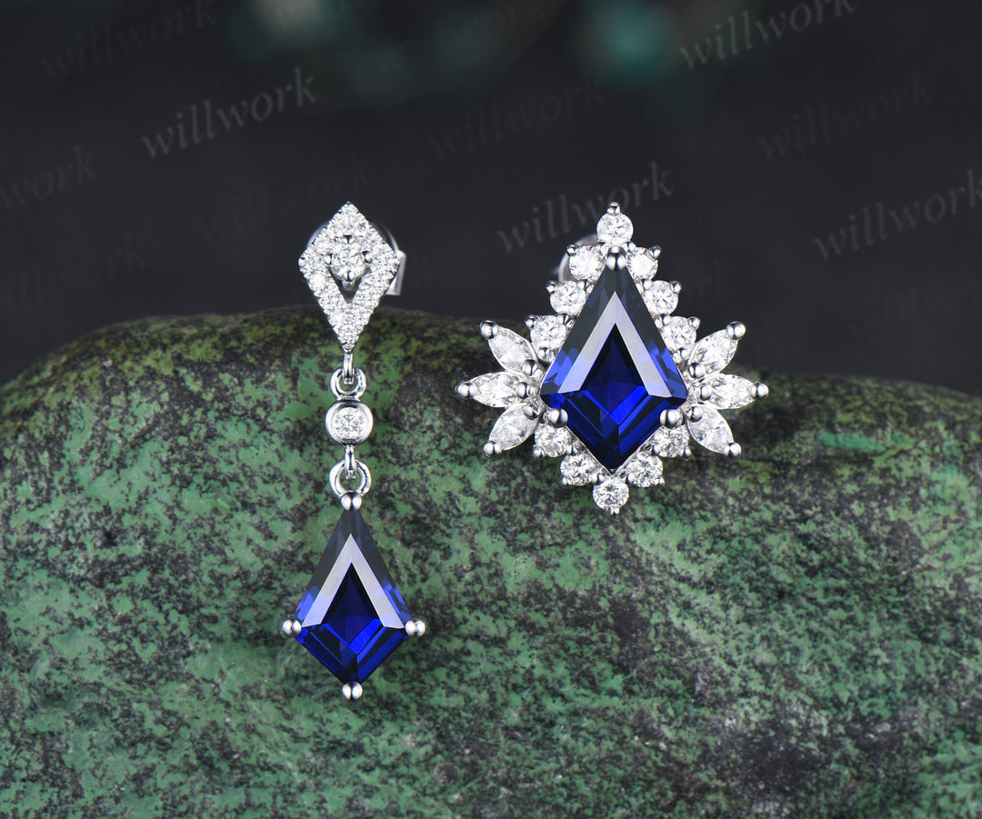 Kite blue sapphire earrings unique halo sapphire moissanite asymmetrical earring stud September birthstone gifts for women