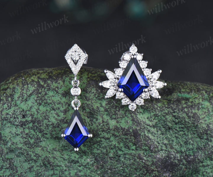 Kite blue sapphire earrings unique halo sapphire moissanite asymmetrical earring stud September birthstone gifts for women
