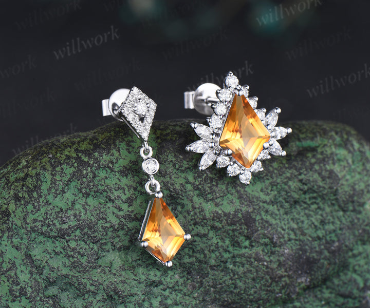Unique kite citrine moissanite halo earrings yellow gemstone asymmetrical drop earrings studs November bithstone jewelry gifts