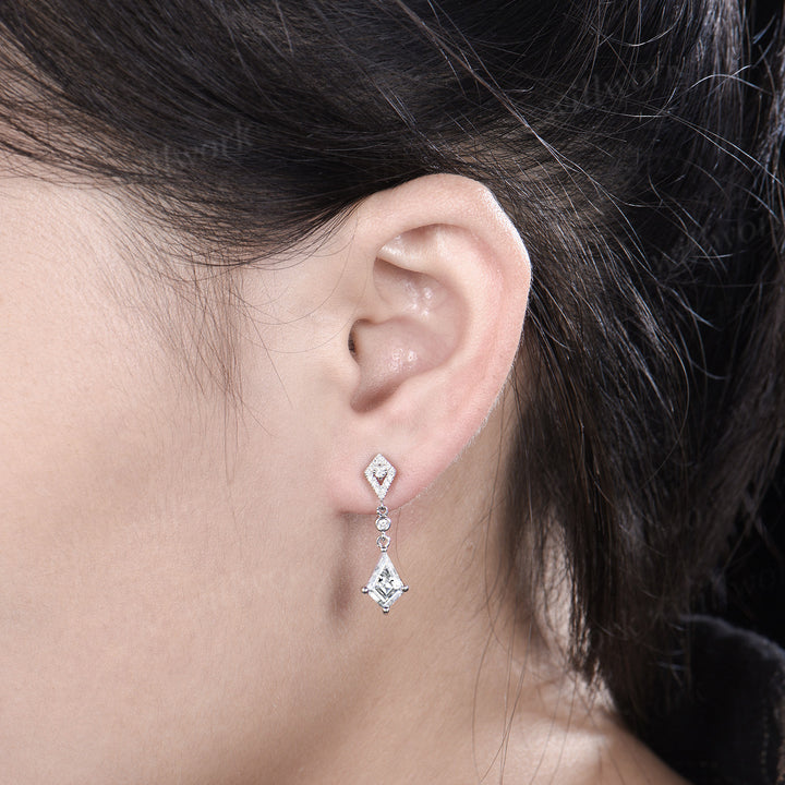 Asymmetry kite cut moissanite drop earrings unique moissanite halo stud earring 14k white gold piercing jewelry for women