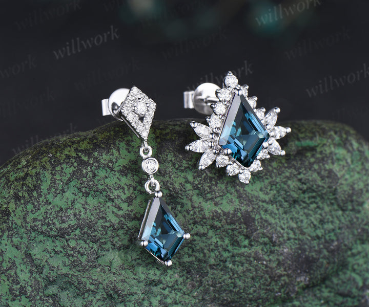 Kite London blue topaz earrings halo blue gemstone drop earrings topaz studs personalized solid white gold piercing jewelry