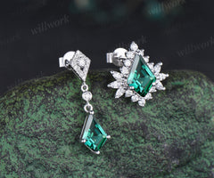 Kite cut emerald drop earrings unique moissanite halo stud white gold green gemstone jewelry for women