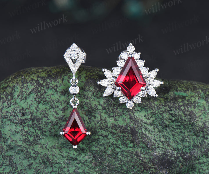 Kite cut ruby asymmetrical earrings drop & stud red gemstone earrings unique mismatched statement jewelry for women