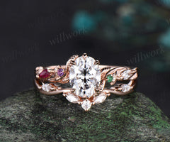 Oval moissanite engagement ring leaf twig ruby emerald accents ring moissnites wedding band nature-inspired bridal set jewelry gifts