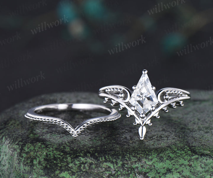 Kite cut moissanite ring set white gold retro solitaire filigree ring half eternity milgrain band unique bridal set gift for her