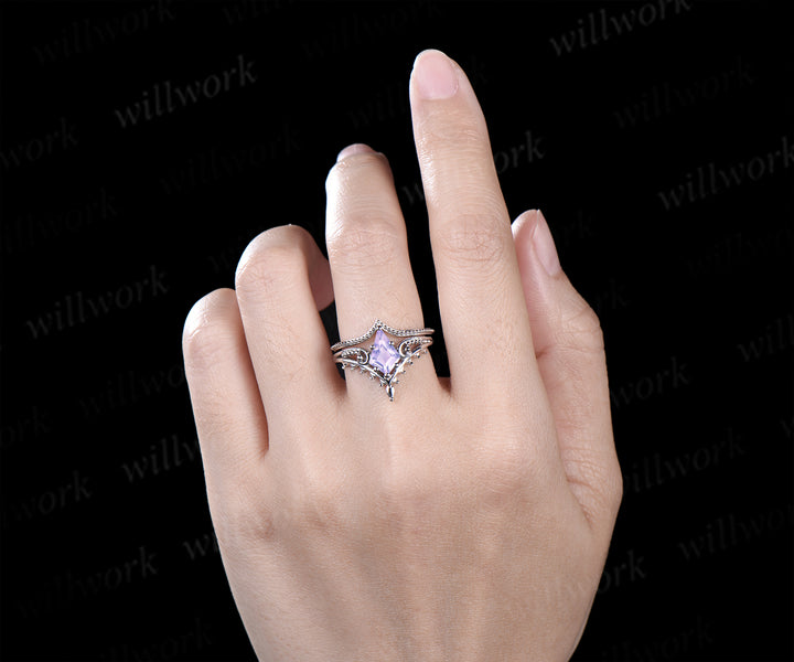 Kite cut Lavender amethyst ring unique split shank engagement ring vintage milgrain bridal wedding ring set