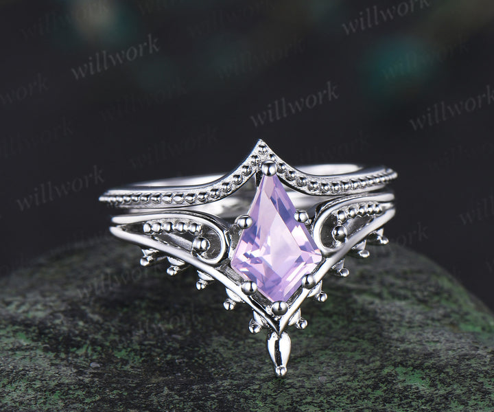 Kite cut Lavender amethyst ring unique split shank engagement ring vintage milgrain bridal wedding ring set