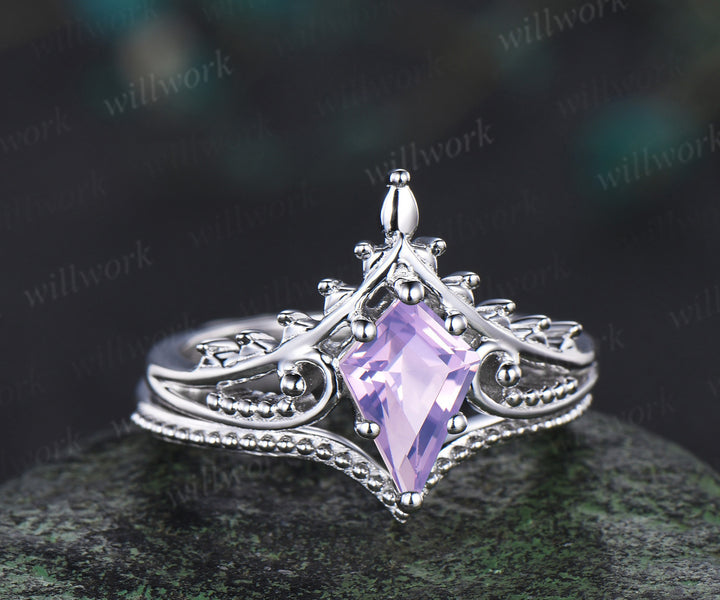 Kite cut Lavender amethyst ring unique split shank engagement ring vintage milgrain bridal wedding ring set