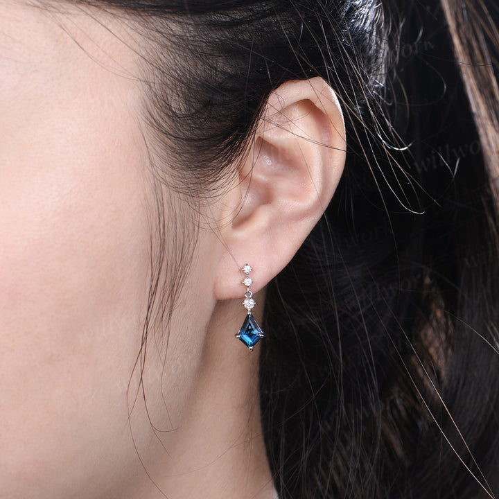 Kite cut natural London blue topaz earrings solid white gold diamond drop earrings antique anniversary birthday wedding gift for her