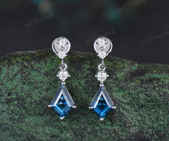Kite cut natural London blue topaz earrings solid white gold diamond drop earrings antique anniversary birthday wedding gift for her