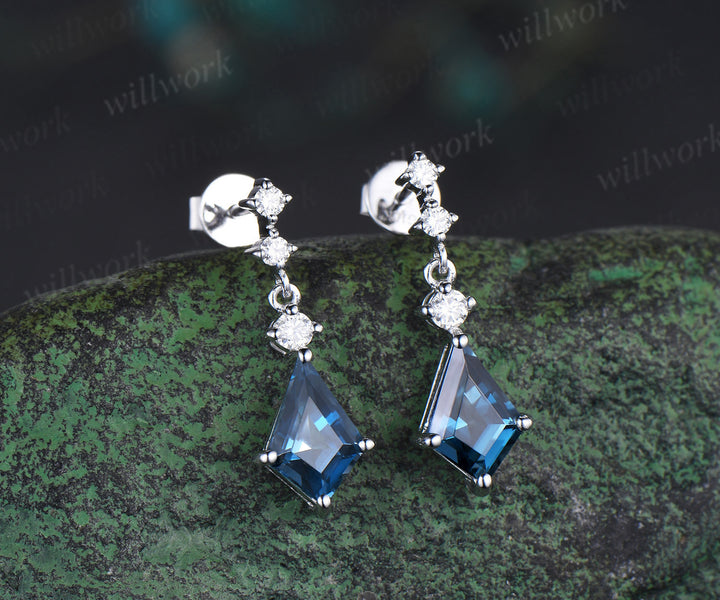Kite cut natural London blue topaz earrings solid white gold diamond drop earrings antique anniversary birthday wedding gift for her