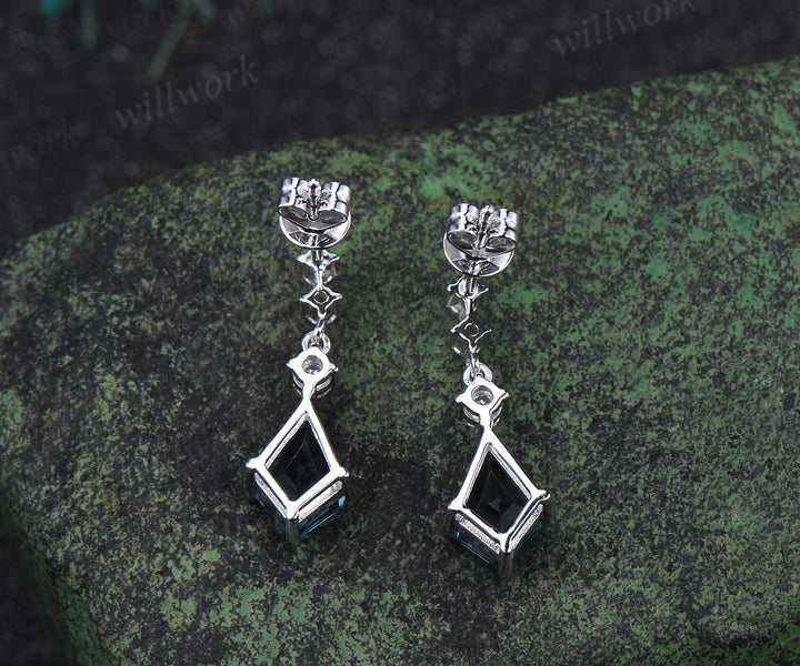 Kite cut natural London blue topaz earrings solid white gold diamond drop earrings antique anniversary birthday wedding gift for her