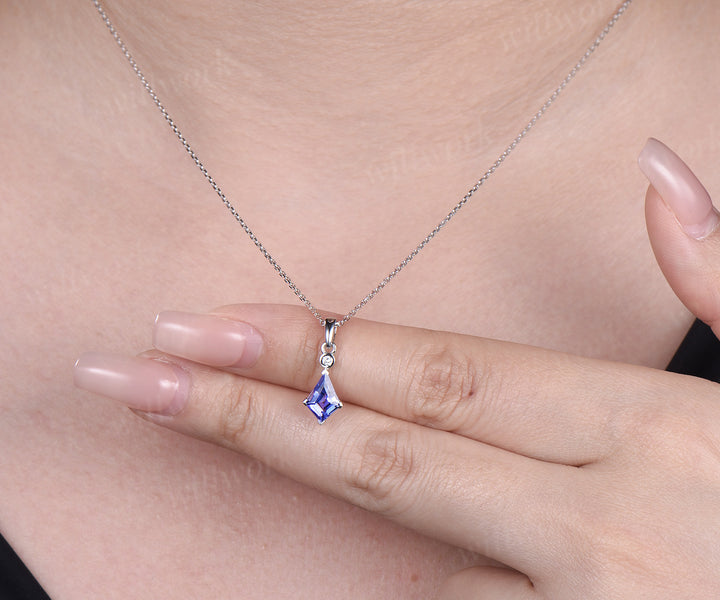 Minimalist kite cut tanzanite necklace solid sterling silver/white gold art deco diamond pendant necklace anniversary birthday gifts