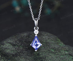 Minimalist kite cut tanzanite necklace solid sterling silver/white gold art deco diamond pendant necklace anniversary birthday gifts