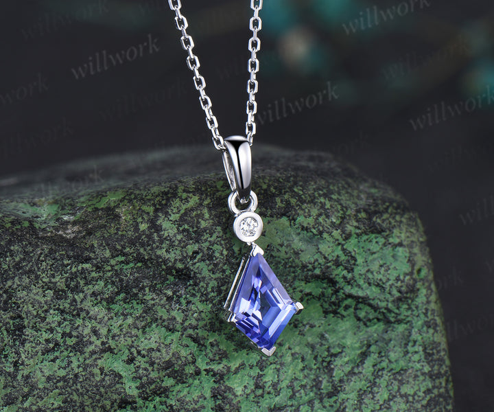 Minimalist kite cut tanzanite necklace solid sterling silver/white gold art deco diamond pendant necklace anniversary birthday gifts