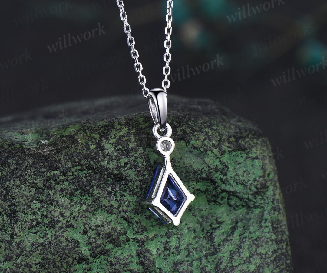 Minimalist kite cut tanzanite necklace solid sterling silver/white gold art deco diamond pendant necklace anniversary birthday gifts