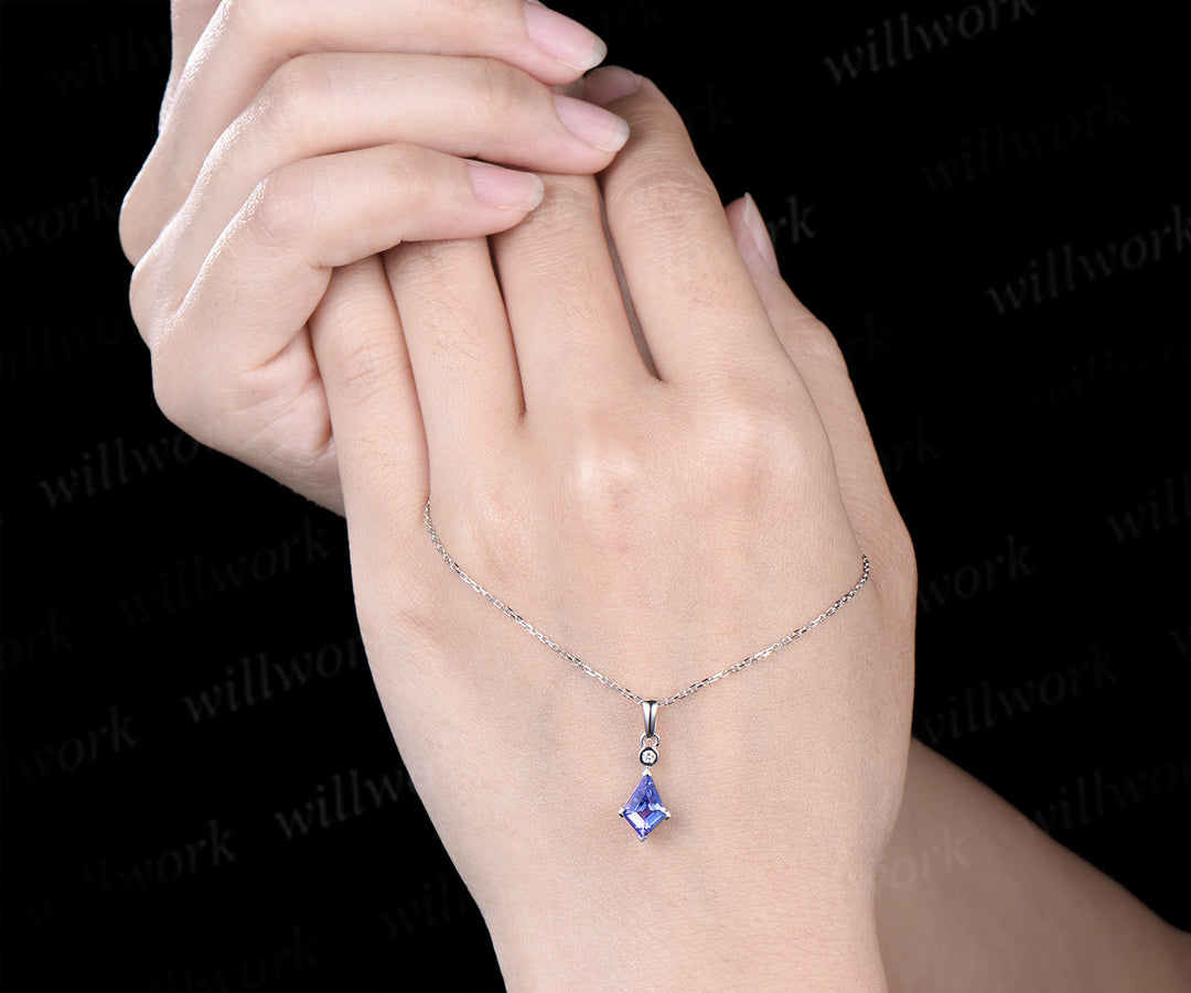 Minimalist kite cut tanzanite necklace solid sterling silver/white gold art deco diamond pendant necklace anniversary birthday gifts