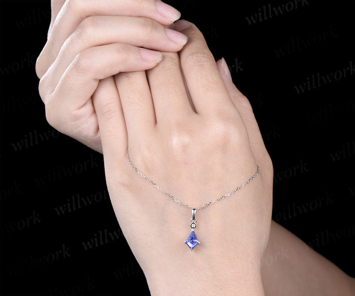 Minimalist kite cut tanzanite necklace solid sterling silver/white gold art deco diamond pendant necklace anniversary birthday gifts
