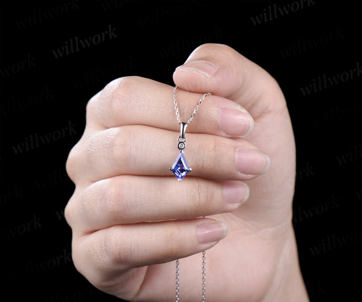 Minimalist kite cut tanzanite necklace solid sterling silver/white gold art deco diamond pendant necklace anniversary birthday gifts