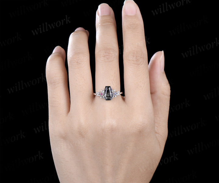 Gothic coffin cut black rutilated quartz engagement ring leaf floral ruby sapphire moissanite cluster ring unique gifts for her