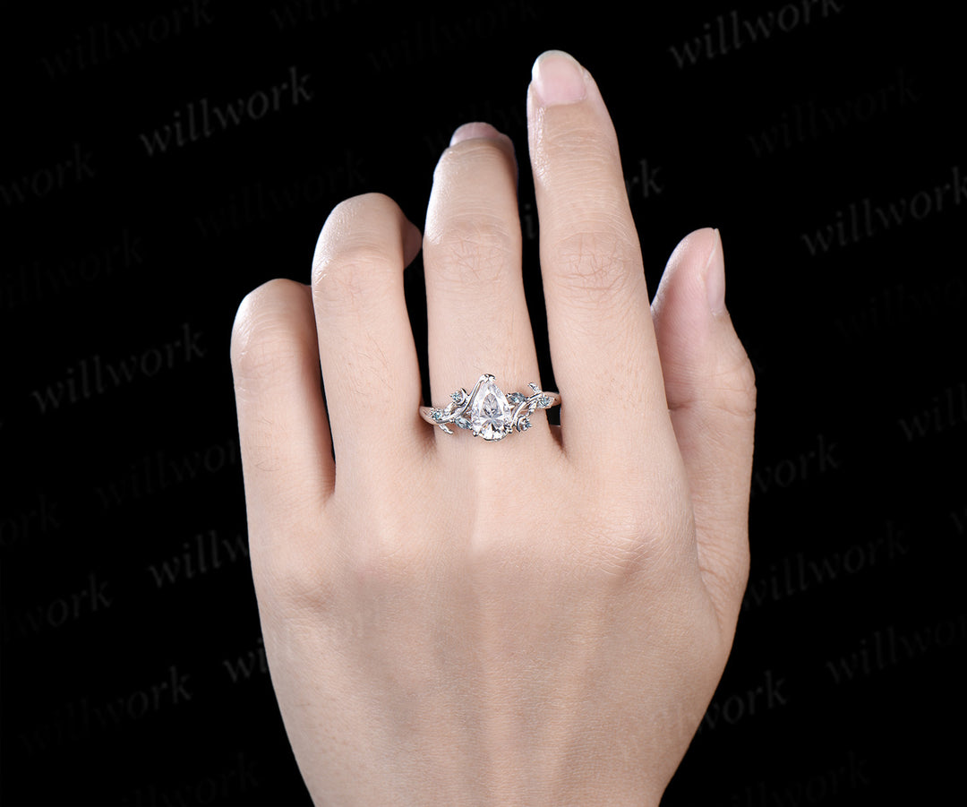 Pear cut moissanite engagement ring leaf inspired alexandrite ring teardrop moissanite wedding ring