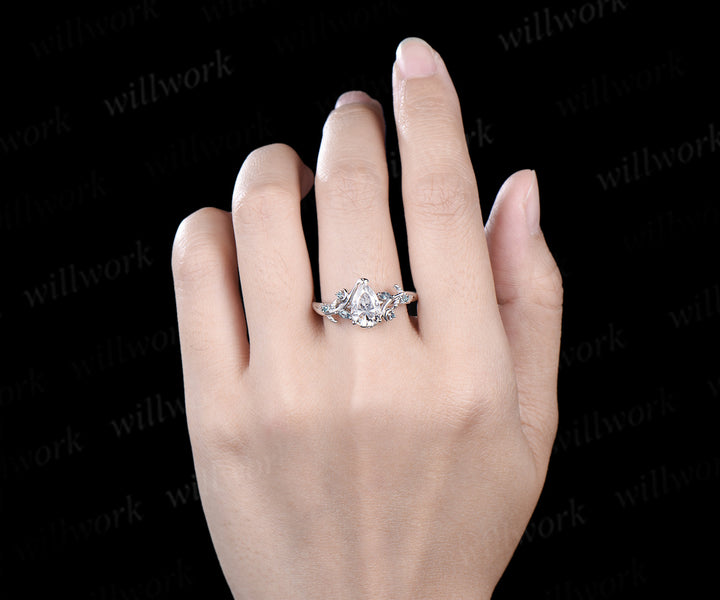 Pear cut moissanite engagement ring leaf inspired alexandrite ring teardrop moissanite wedding ring