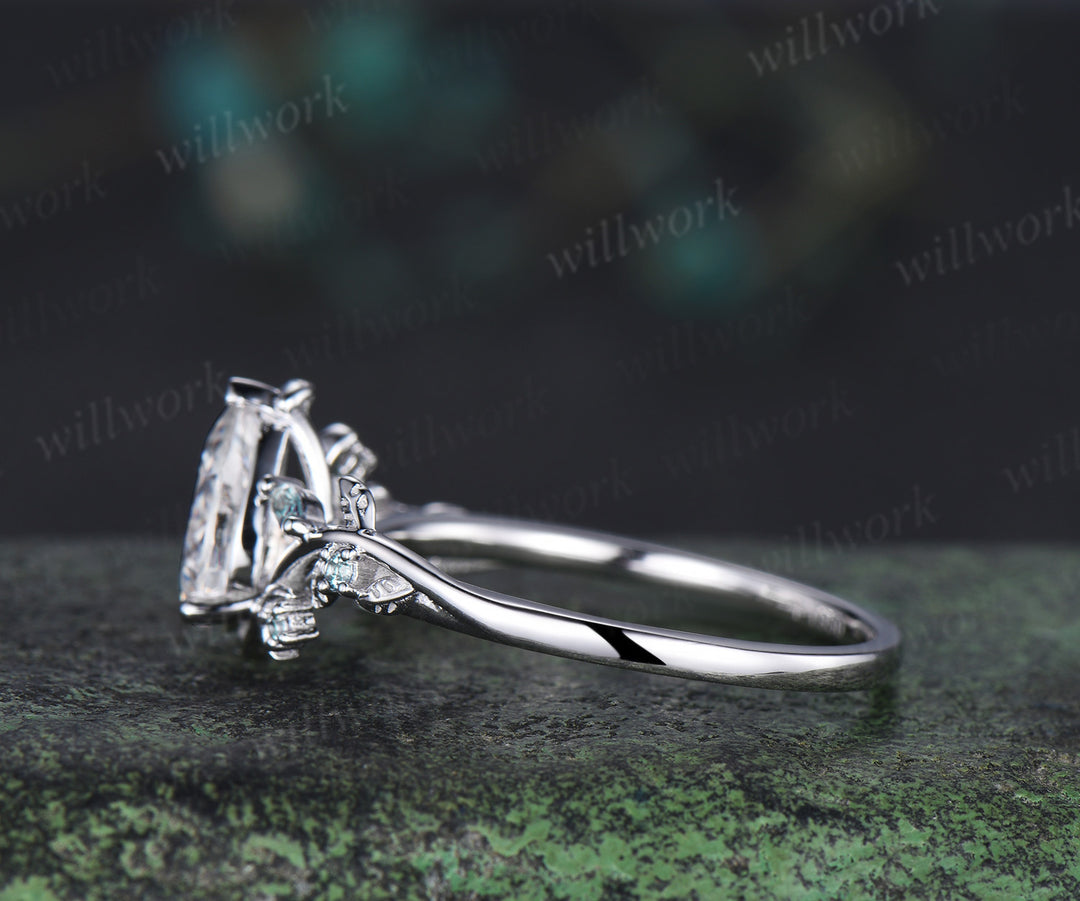 Pear cut moissanite engagement ring leaf inspired alexandrite ring teardrop moissanite wedding ring