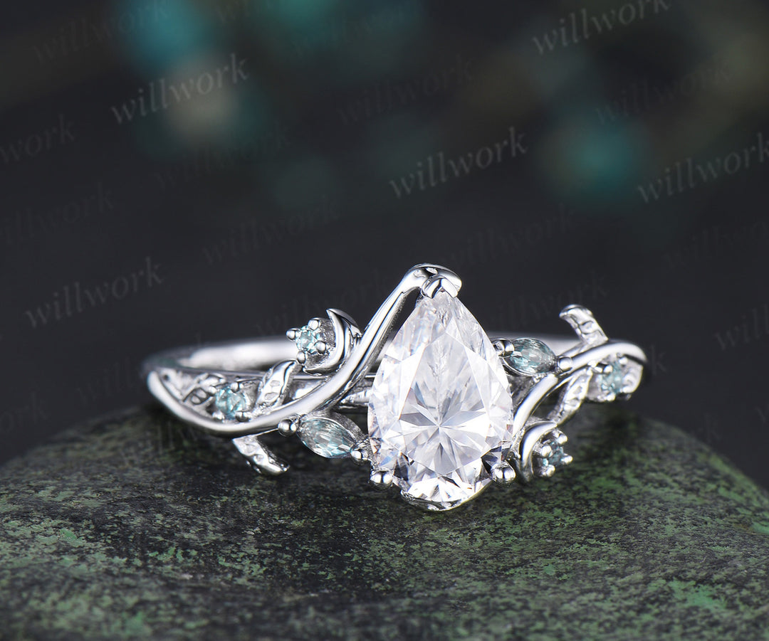 Pear cut moissanite engagement ring leaf inspired alexandrite ring teardrop moissanite wedding ring