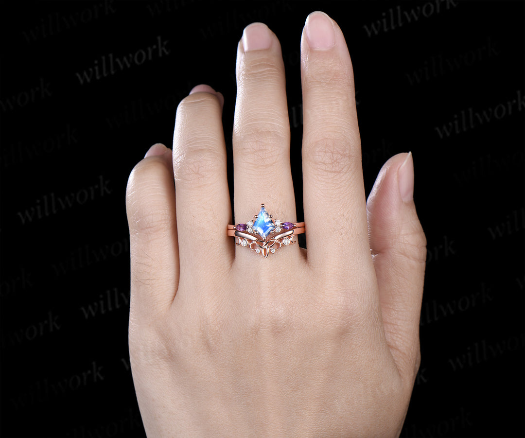 Kite cut natural moonstone ring set marquise amethyst diamonds promise ring celtic knot wedding band vintage bridal set