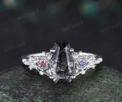 Gothic coffin cut black rutilated quartz engagement ring leaf floral ruby sapphire moissanite cluster ring unique gifts for her
